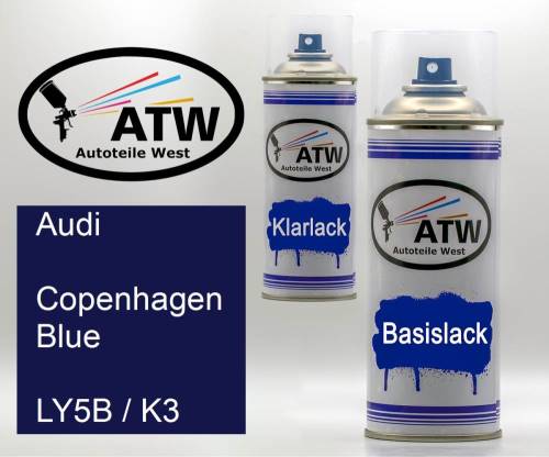 Audi, Copenhagen Blue, LY5B / K3: 400ml Sprühdose + 400ml Klarlack - Set, von ATW Autoteile West.